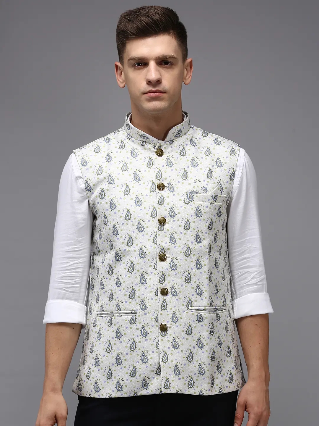 Showoff | SHOWOFF Men's Printed Cream Ethnic Nehru Jacket 1