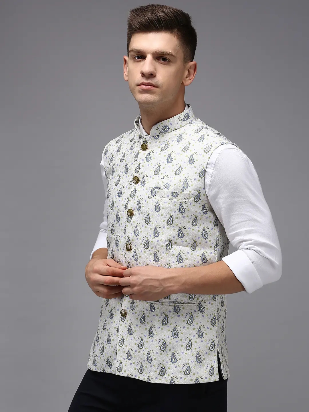Showoff | SHOWOFF Men's Printed Cream Ethnic Nehru Jacket 2