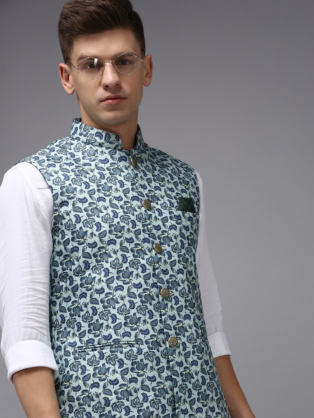 Showoff | SHOWOFF Men Sea Green Printed Mandarin Collar Sleeveless Nehru Jacket 0