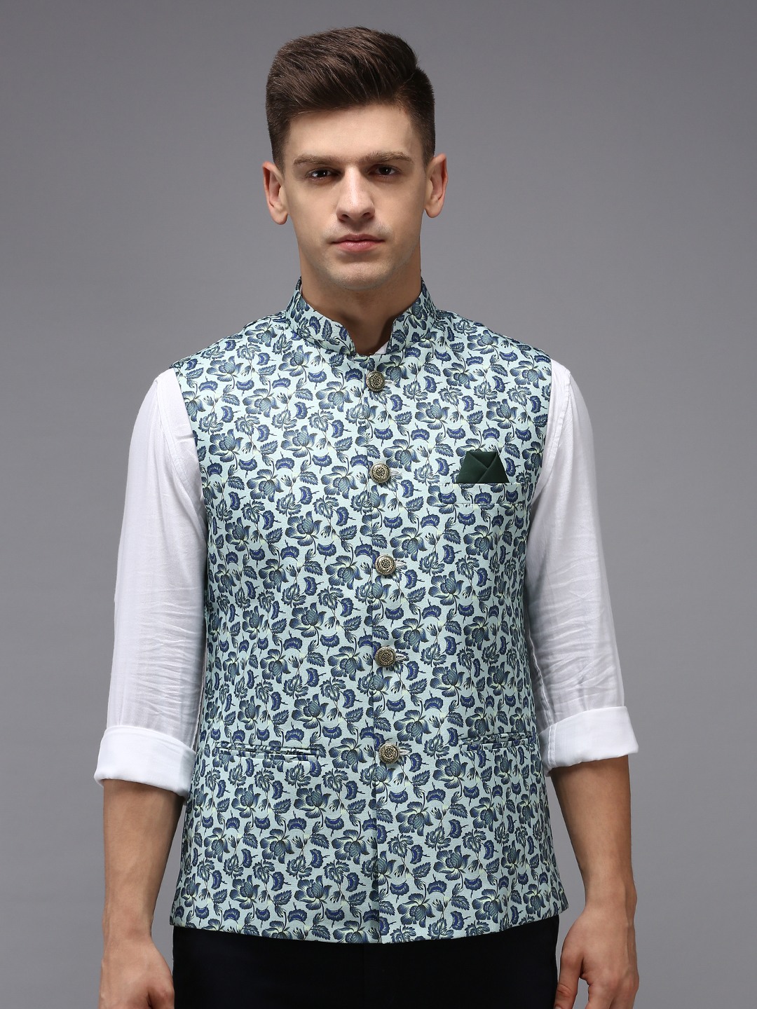 SHOWOFF Men Sea Green Printed Mandarin Collar Sleeveless Nehru Jacket