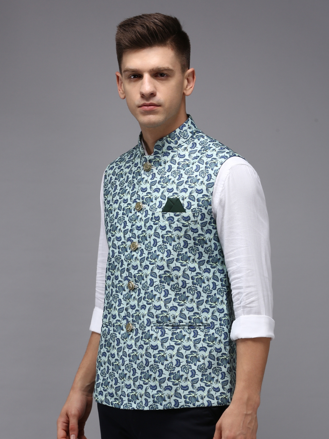 Showoff | SHOWOFF Men Sea Green Printed Mandarin Collar Sleeveless Nehru Jacket 2