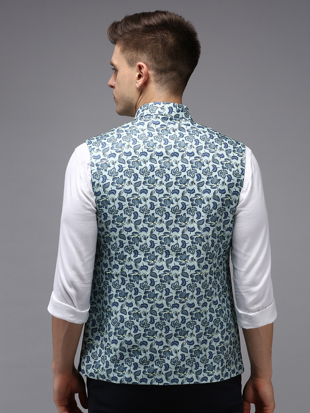 Showoff | SHOWOFF Men Sea Green Printed Mandarin Collar Sleeveless Nehru Jacket 3