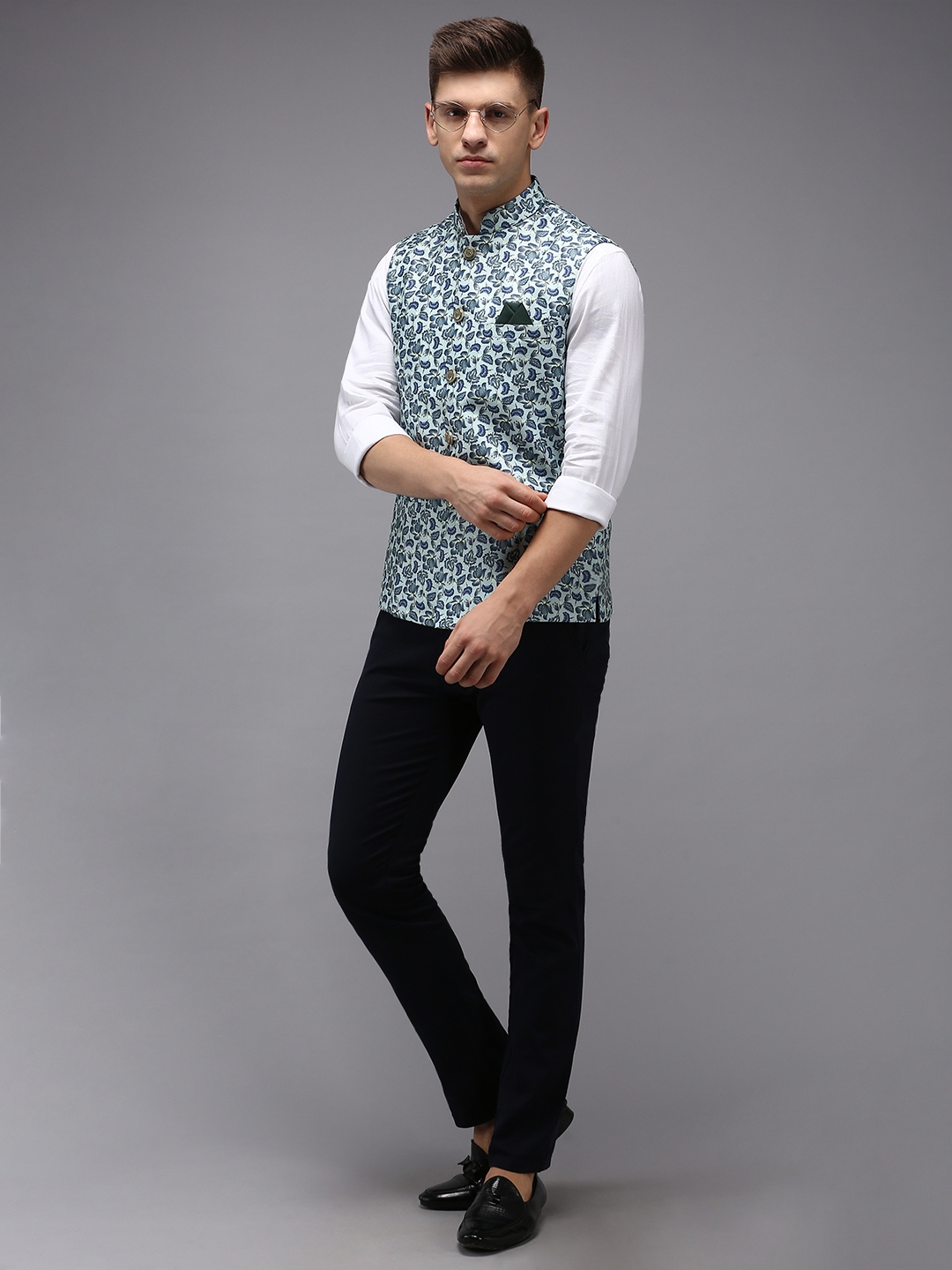 Showoff | SHOWOFF Men Sea Green Printed Mandarin Collar Sleeveless Nehru Jacket 4