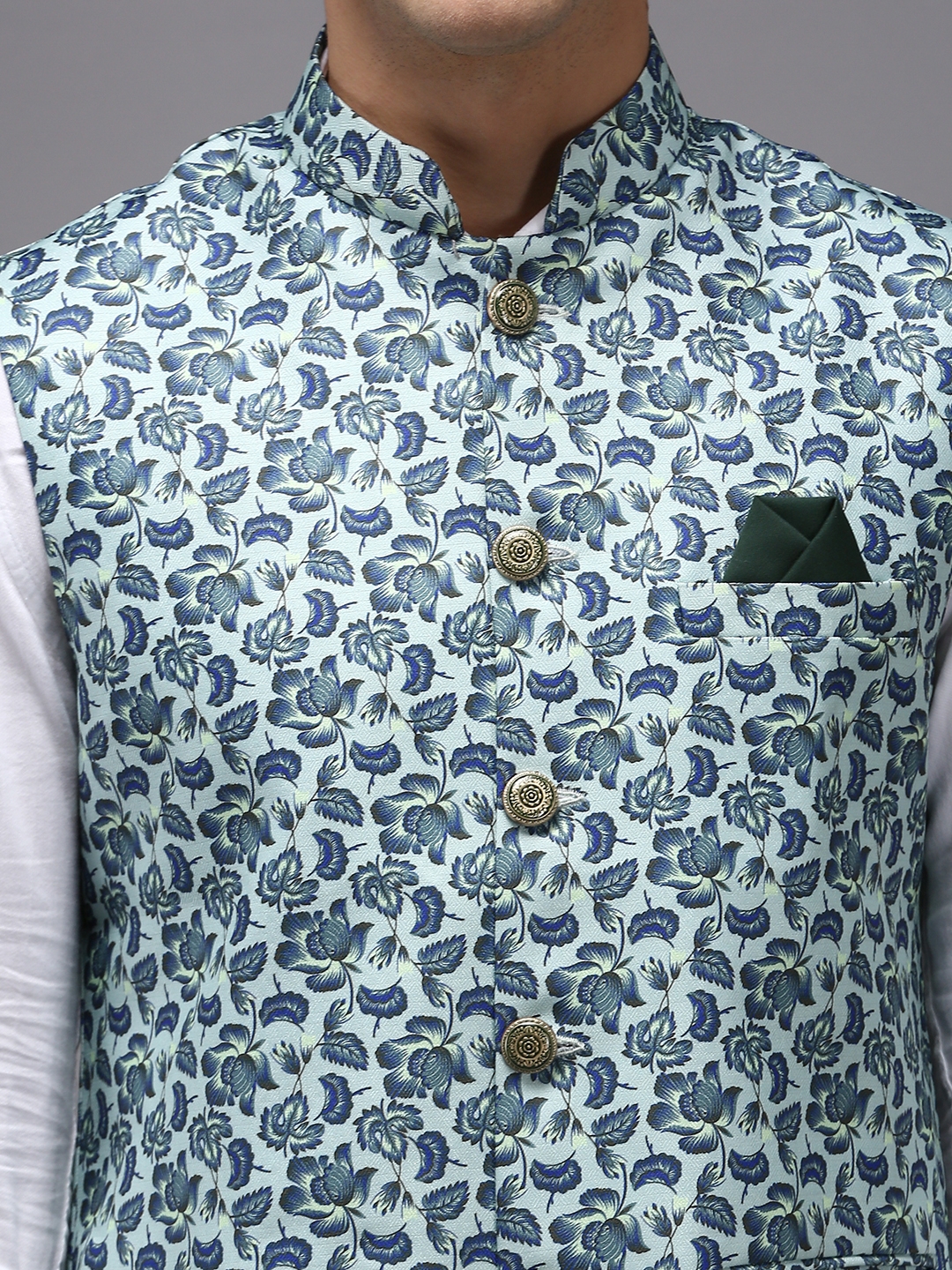 Showoff | SHOWOFF Men Sea Green Printed Mandarin Collar Sleeveless Nehru Jacket 5