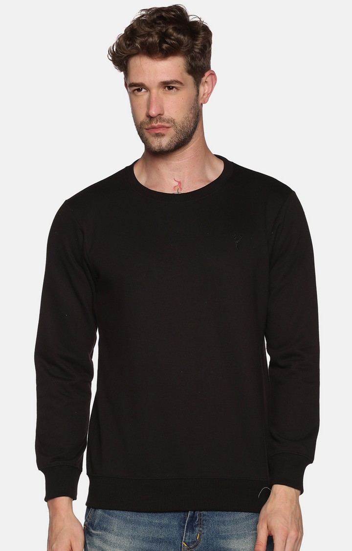 Showoff | SHOWOFF Men Black Solid Round Neck Full Sleeves Regular Fit Mid Length Sweatshirt 0