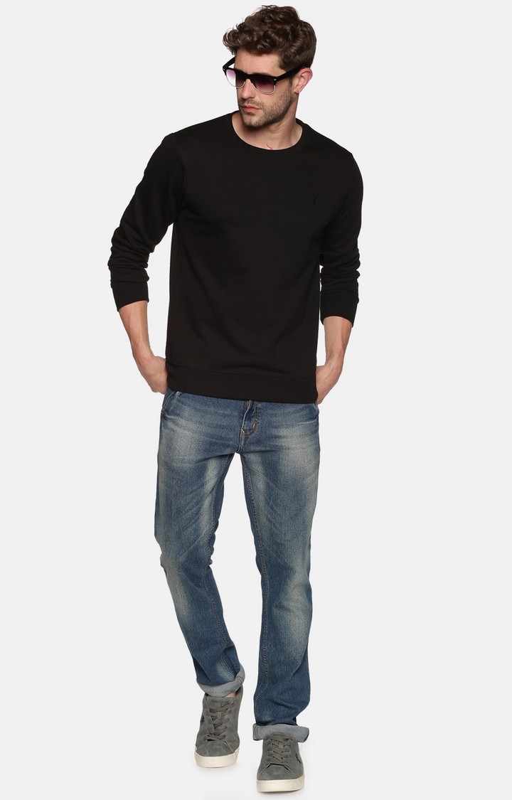 Showoff | SHOWOFF Men Black Solid Round Neck Full Sleeves Regular Fit Mid Length Sweatshirt 3