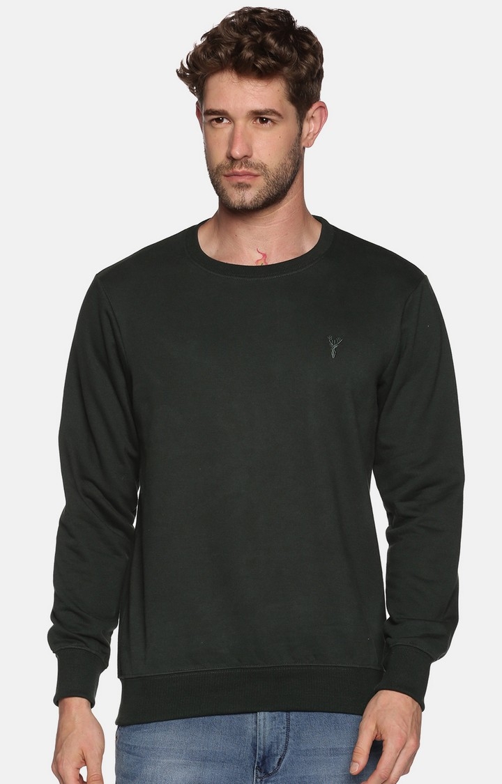 Showoff | SHOWOFF Men Green Solid Round Neck Full Sleeves Regular Fit Mid Length Sweatshirt 0