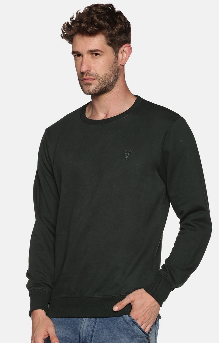 SHOWOFF Men Green Solid Round Neck Full Sleeves Regular Fit Mid Length Sweatshirt