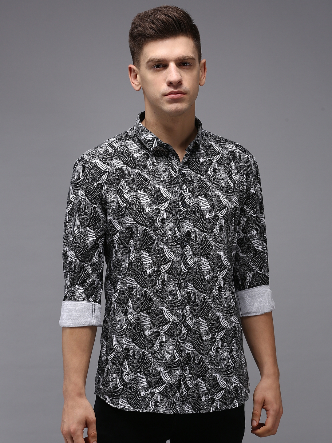 Showoff | SHOWOFF Men Black Printed Spread Collar Full Sleeves Casual Shirt 1