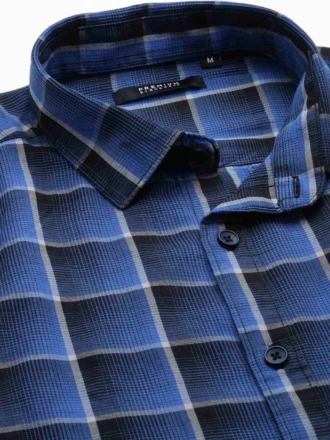 SHOWOFF Men Blue Checked Spread Collar Full Sleeves Casual Shirt