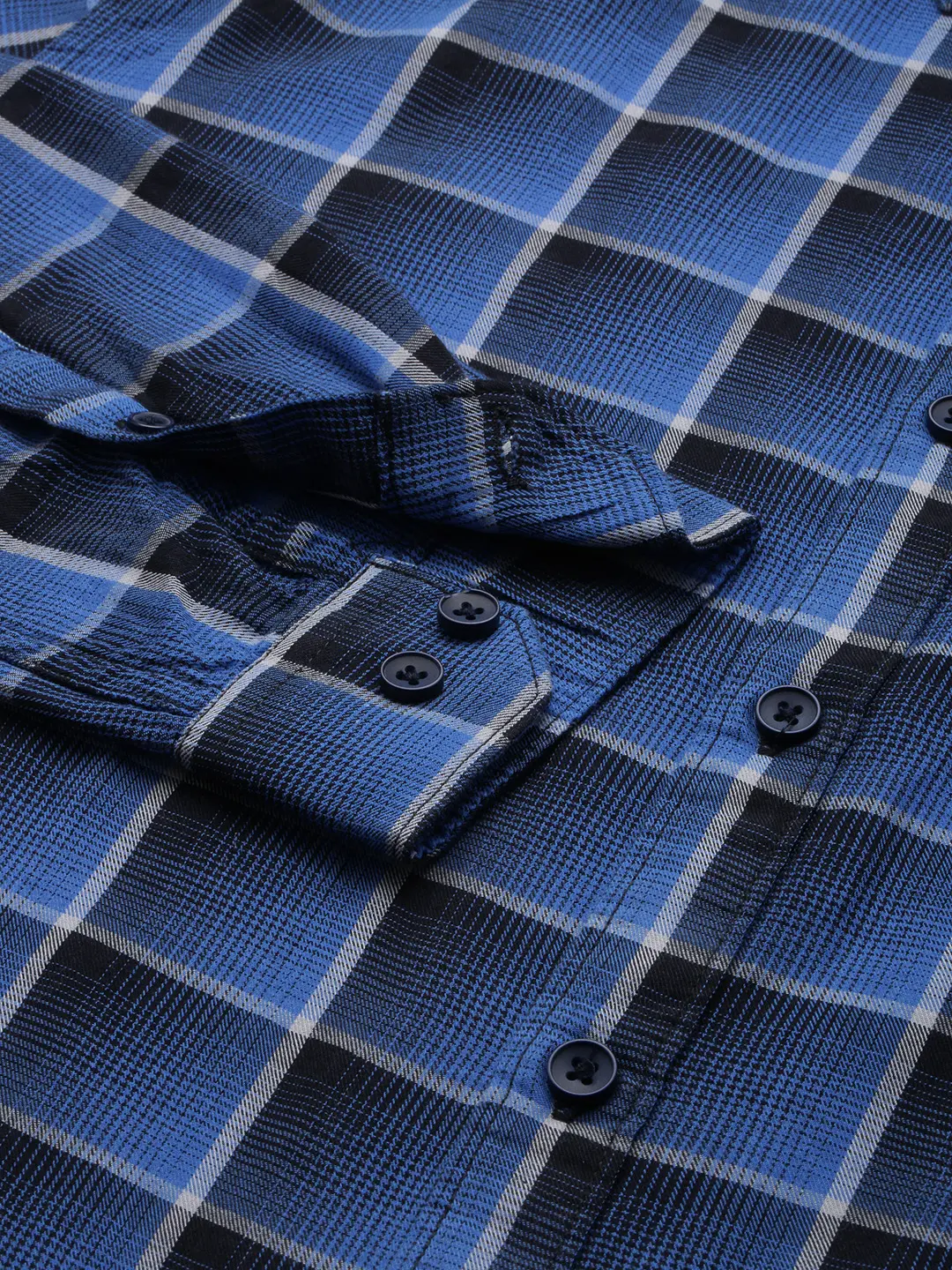 SHOWOFF Men Blue Checked Spread Collar Full Sleeves Casual Shirt