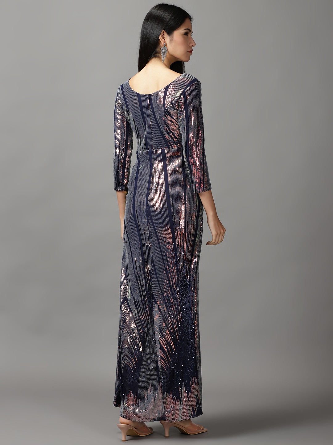 SHOWOFF Women Metallic Embellished Round Neck Three-Quarter Sleeves Maxi Bodycon Dress