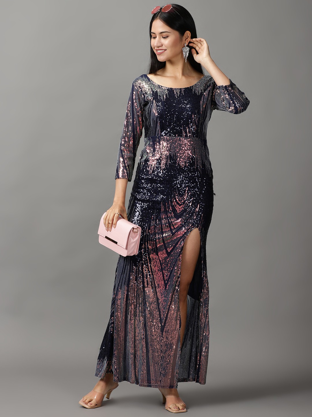 SHOWOFF Women Metallic Embellished Round Neck Three-Quarter Sleeves Maxi Bodycon Dress
