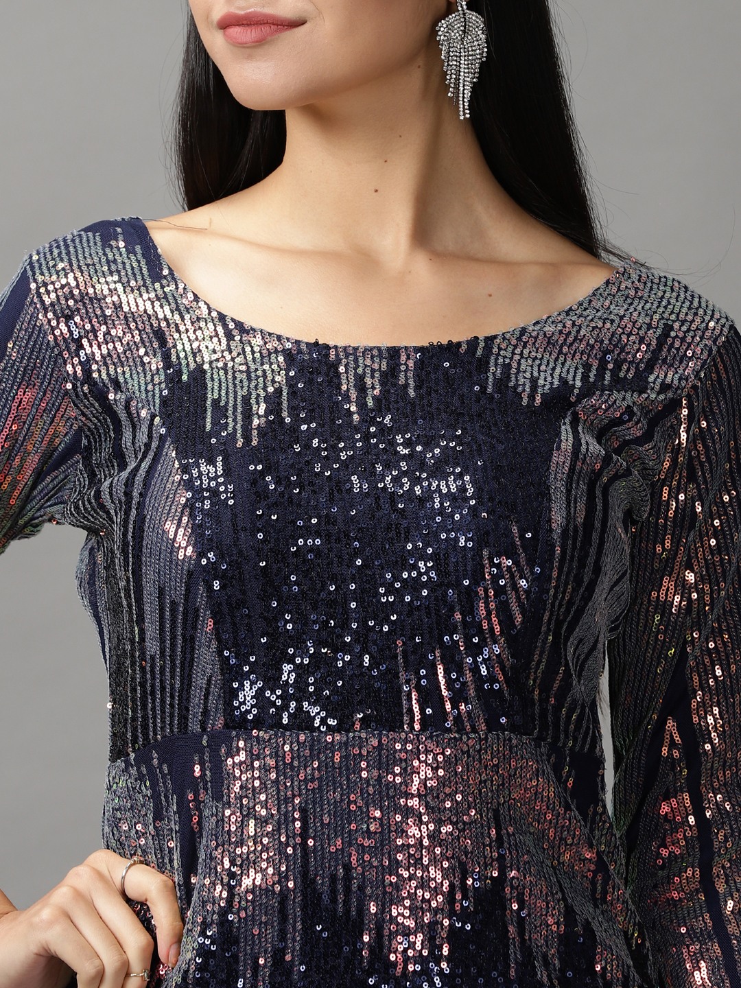 SHOWOFF Women Metallic Embellished Round Neck Three-Quarter Sleeves Maxi Bodycon Dress