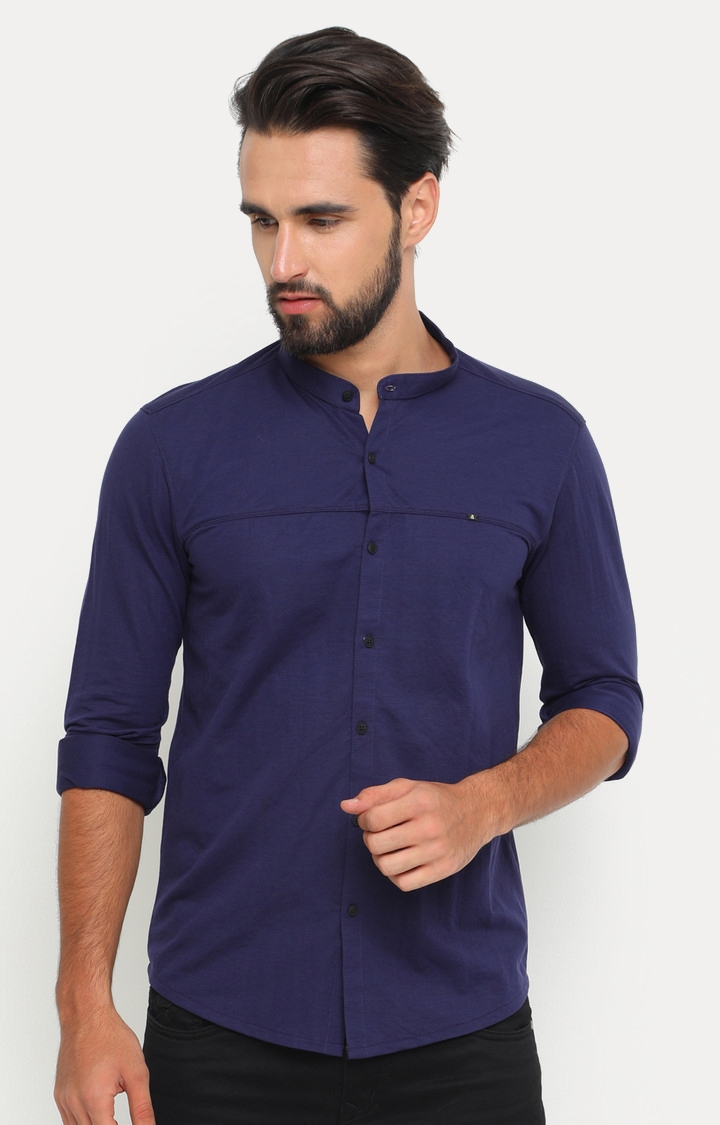 Showoff | SHOWOFF Men's Knitted Full Sleeve Slim Fit Solid Navy Casual Shirt 0
