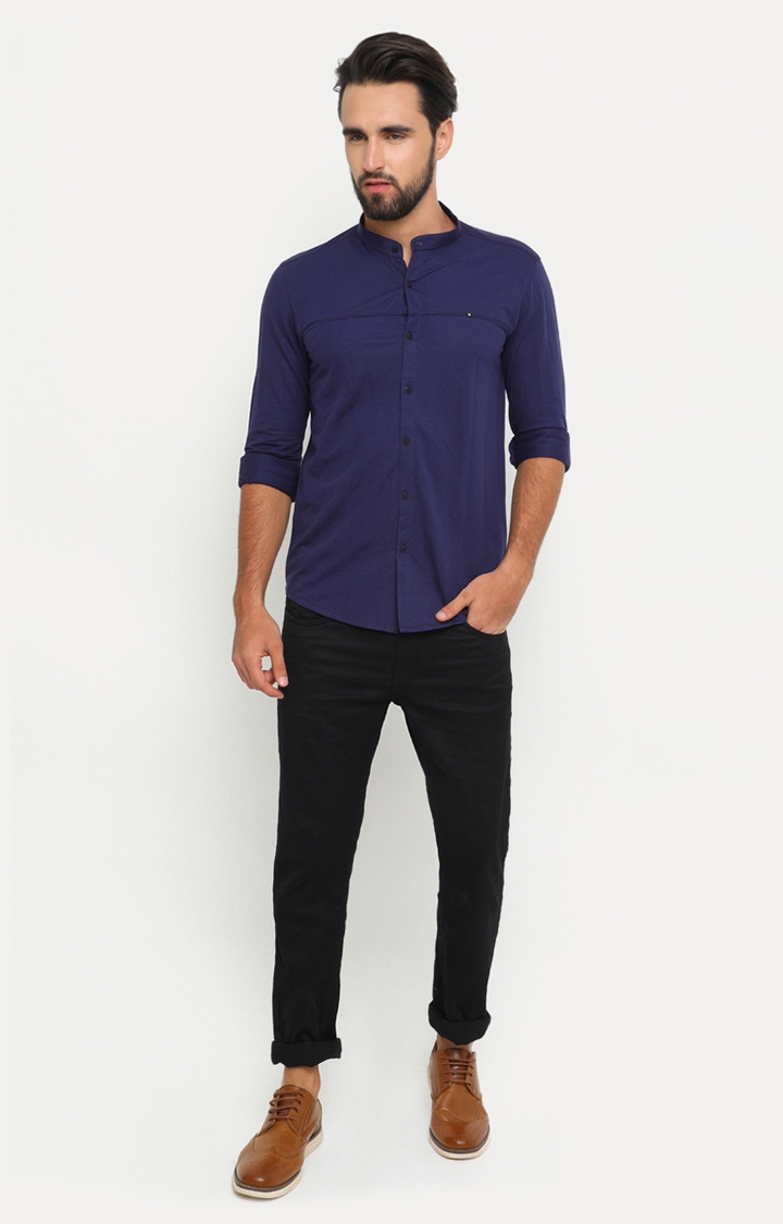 Showoff | SHOWOFF Men's Knitted Full Sleeve Slim Fit Solid Navy Casual Shirt 1