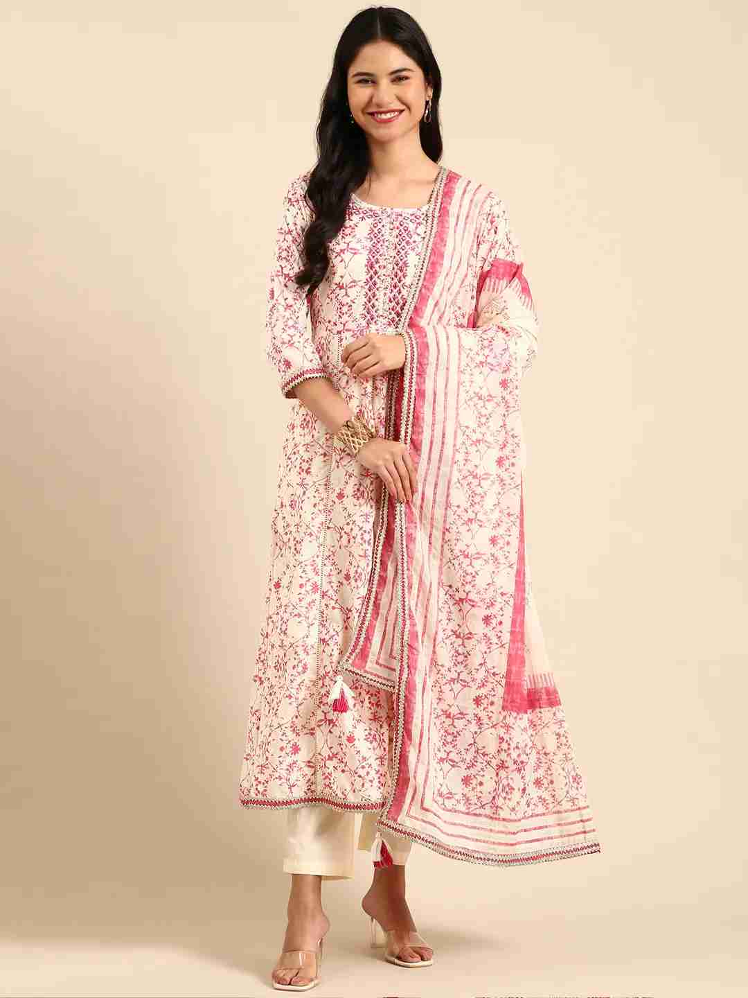 SHOWOFF Women Cream Printed Scoop Neck Three-Quarter Sleeves Ankle Length Anarkali Kurta Set