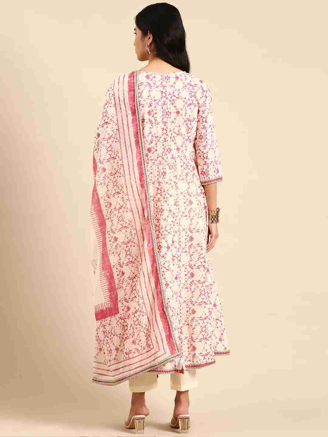 SHOWOFF Women Cream Printed Scoop Neck Three-Quarter Sleeves Ankle Length Anarkali Kurta Set