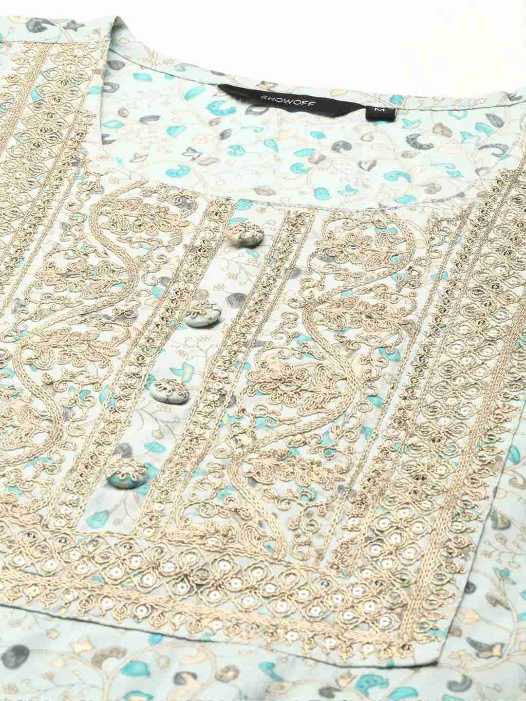 SHOWOFF Women Sea Green Printed  Scoop Neck Three-Quarter Sleeves Mid Length Straight Kurta Set