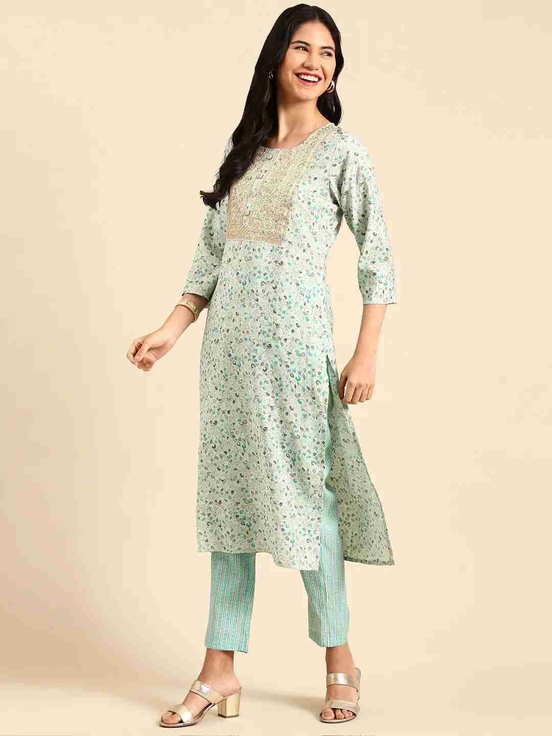SHOWOFF Women Sea Green Printed  Scoop Neck Three-Quarter Sleeves Mid Length Straight Kurta Set
