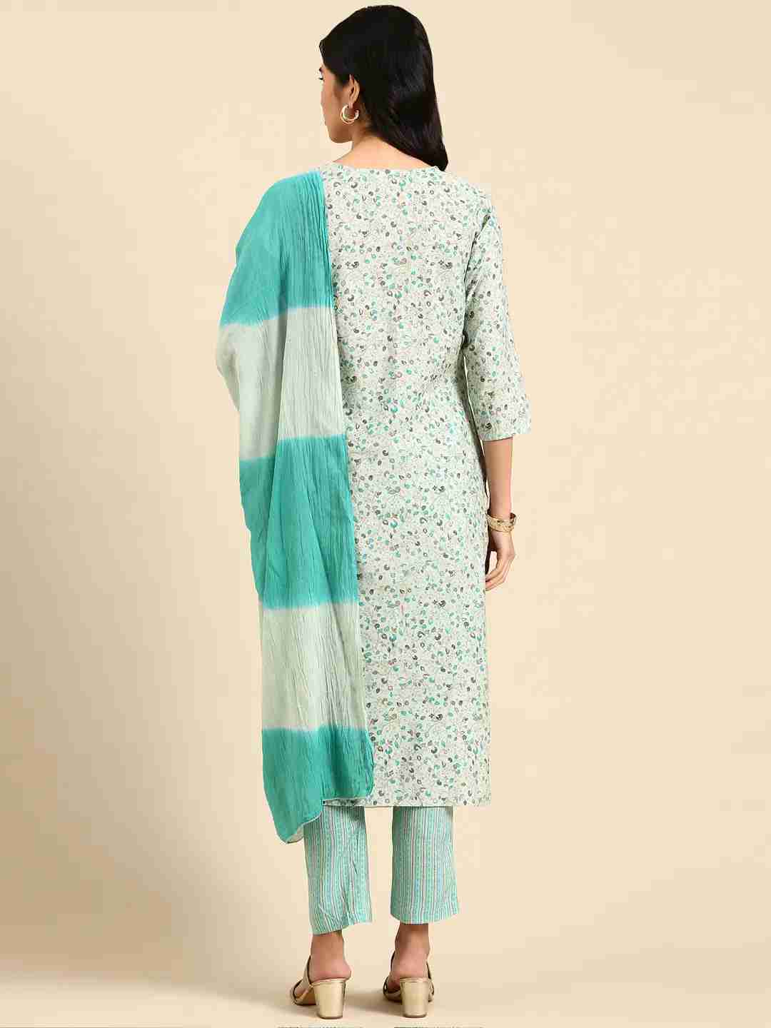 SHOWOFF Women Sea Green Printed  Scoop Neck Three-Quarter Sleeves Mid Length Straight Kurta Set