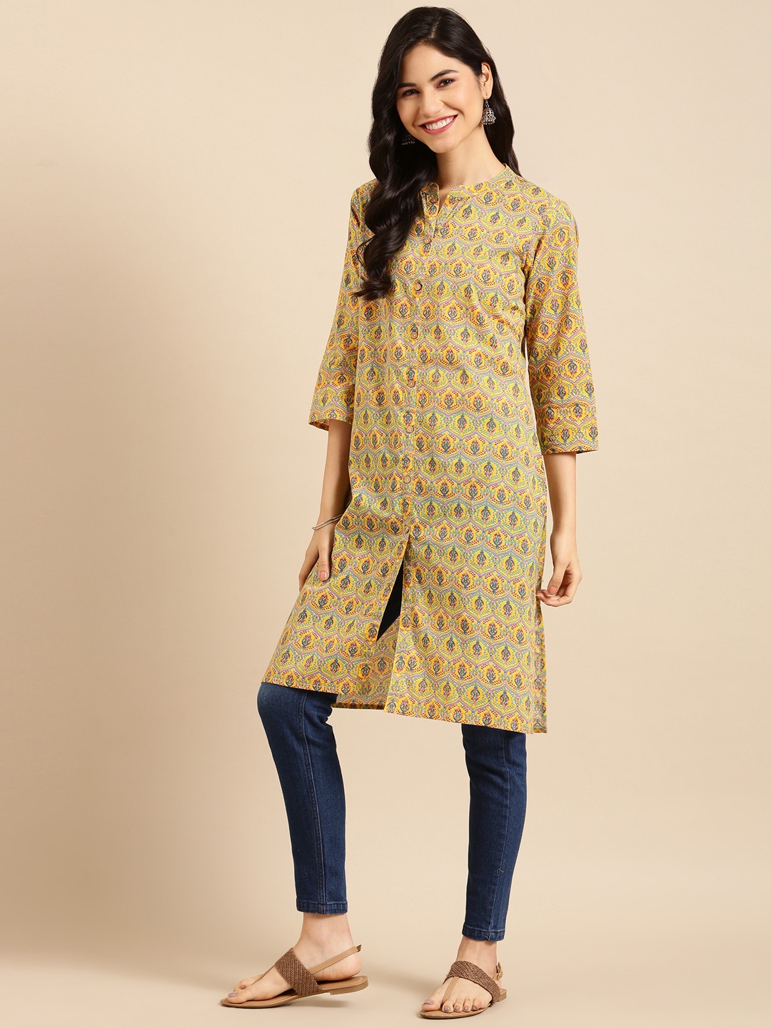 Showoff | SHOWOFF Women Yellow Ethnic Motifs Mandarin Collar Three-Quarter Sleeves Knee length Straight Kurta 2