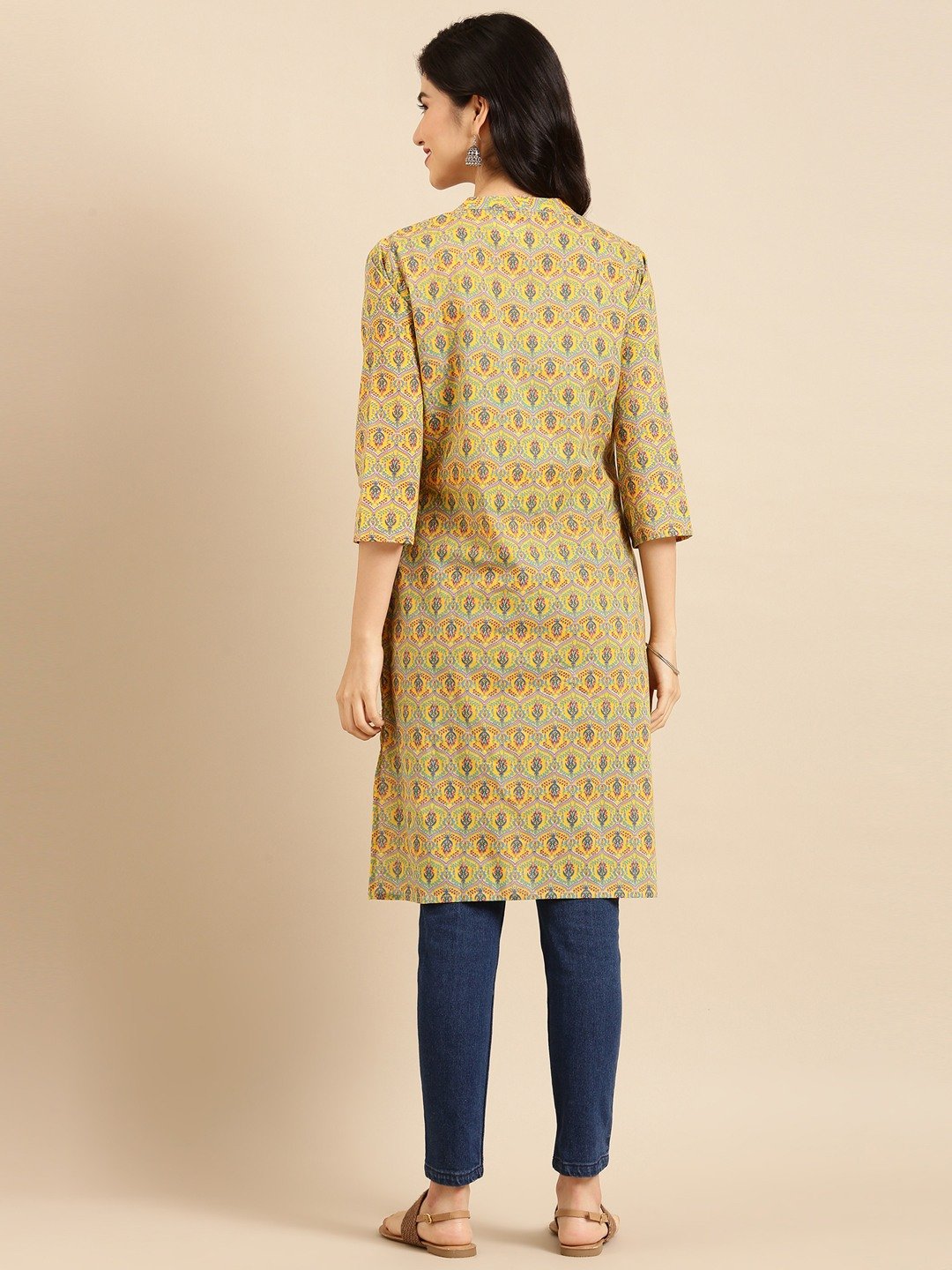 Showoff | SHOWOFF Women Yellow Ethnic Motifs Mandarin Collar Three-Quarter Sleeves Knee length Straight Kurta 3