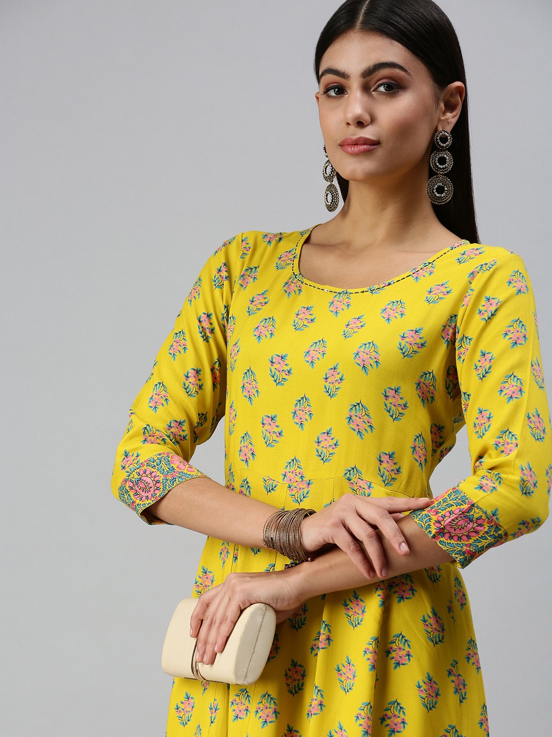 Showoff | SHOWOFF Women Yellow Floral Round Neck Three-Quarter Sleeves Ankle Length Anarkali Kurta 0