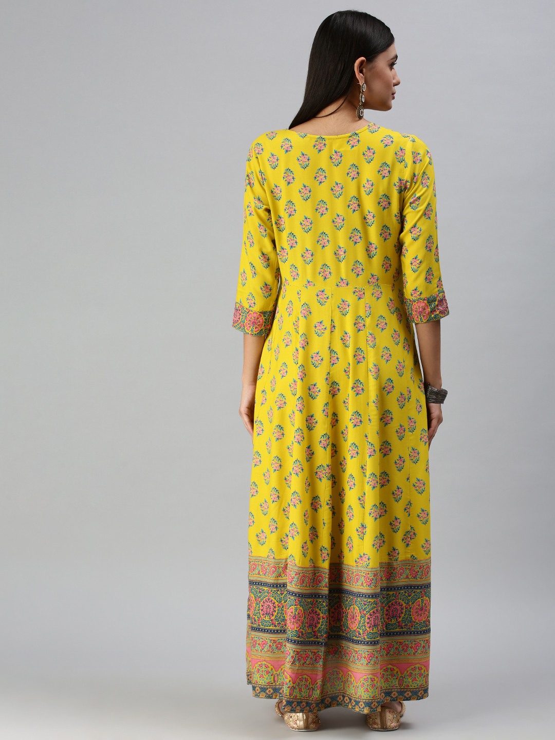 Showoff | SHOWOFF Women Yellow Floral Round Neck Three-Quarter Sleeves Ankle Length Anarkali Kurta 2