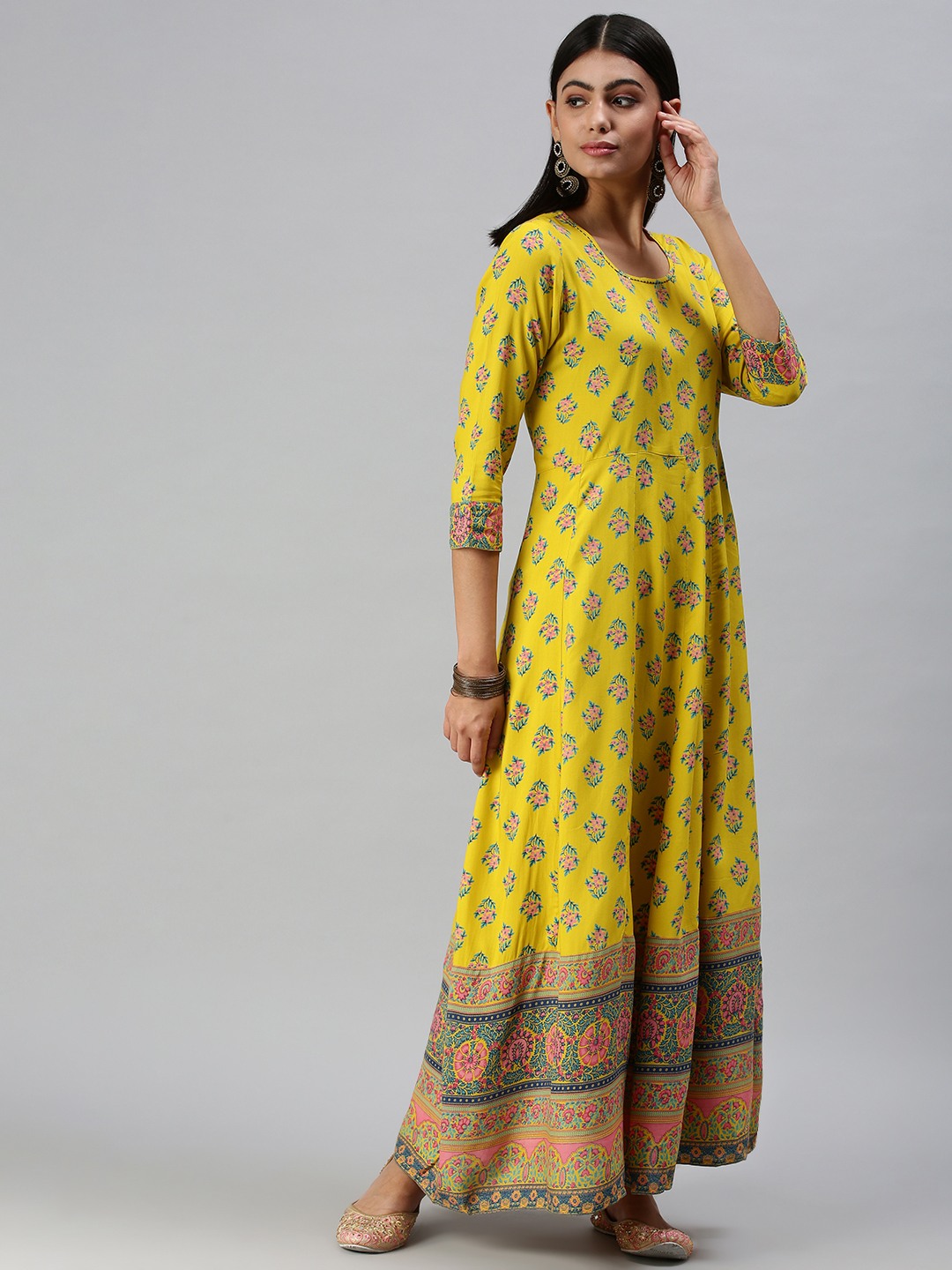 Showoff | SHOWOFF Women Yellow Floral Round Neck Three-Quarter Sleeves Ankle Length Anarkali Kurta 3