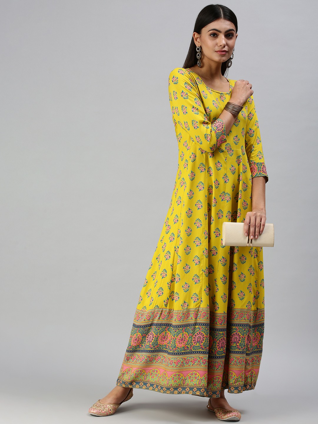 Showoff | SHOWOFF Women Yellow Floral Round Neck Three-Quarter Sleeves Ankle Length Anarkali Kurta 4