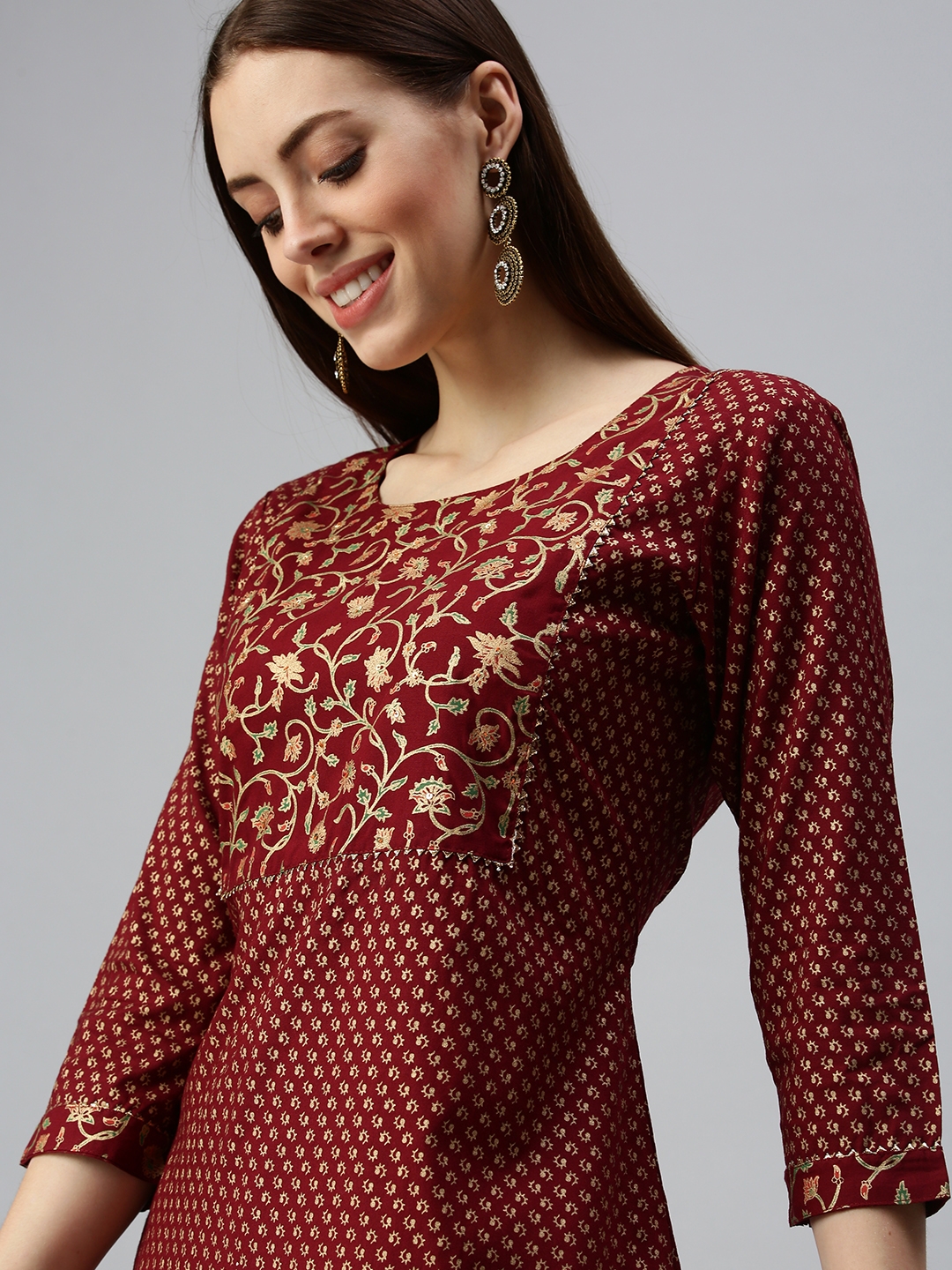 Showoff | SHOWOFF Women Maroon Floral Round Neck Three-Quarter Sleeves Mid Length Fit and Flare Kurta 0