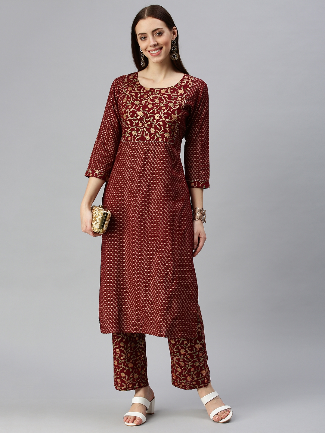 Showoff | SHOWOFF Women Maroon Floral Round Neck Three-Quarter Sleeves Mid Length Fit and Flare Kurta 4