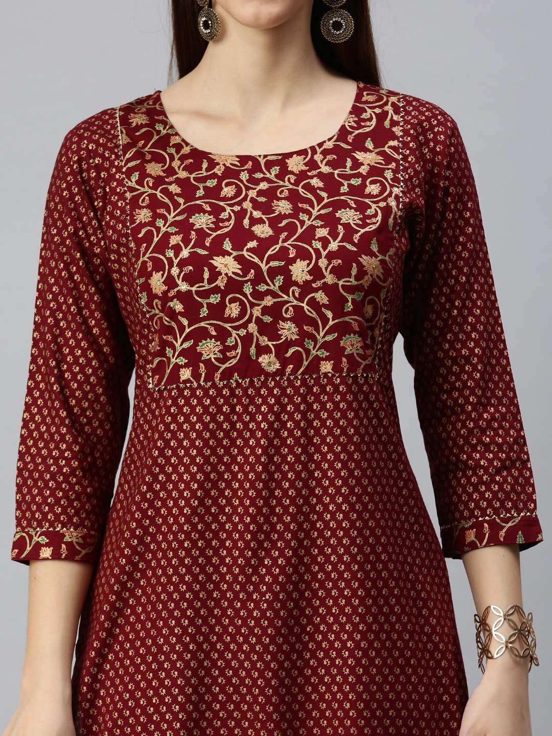 Showoff | SHOWOFF Women Maroon Floral Round Neck Three-Quarter Sleeves Mid Length Fit and Flare Kurta 5