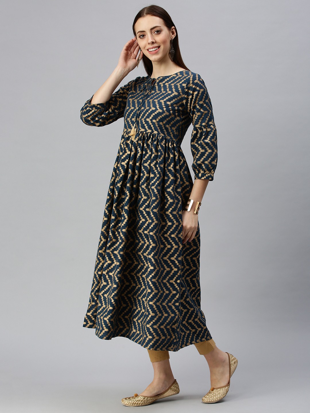 SHOWOFF Women Navy Blue Chevron Round Neck Three-Quarter Sleeves Mid Length Fit and Flare Kurta