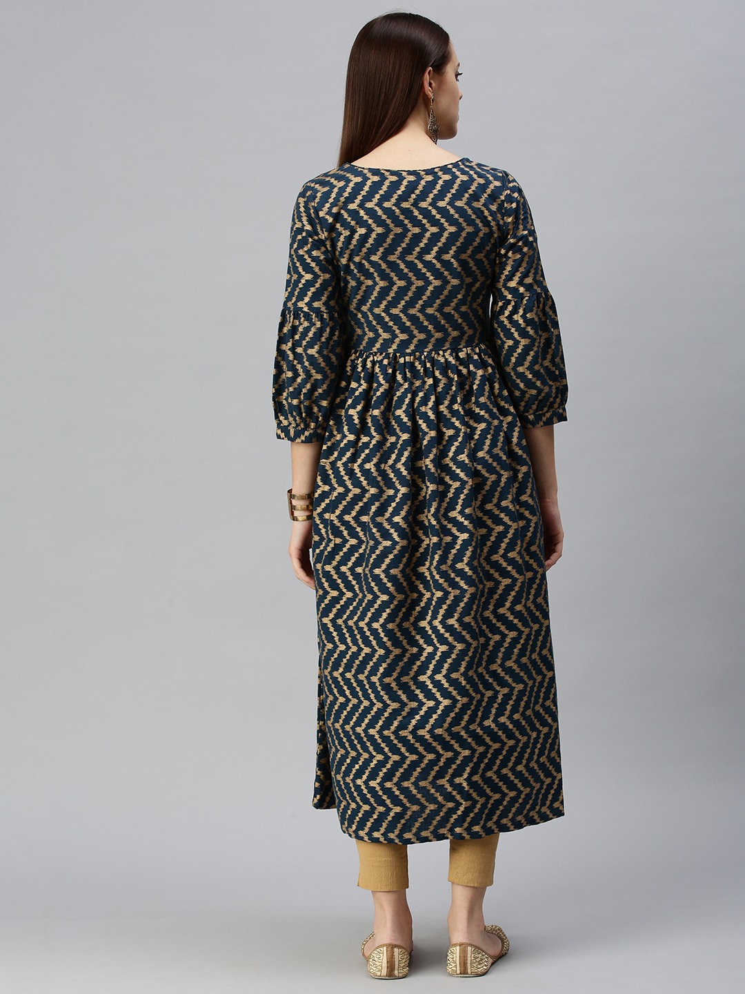 SHOWOFF Women Navy Blue Chevron Round Neck Three-Quarter Sleeves Mid Length Fit and Flare Kurta