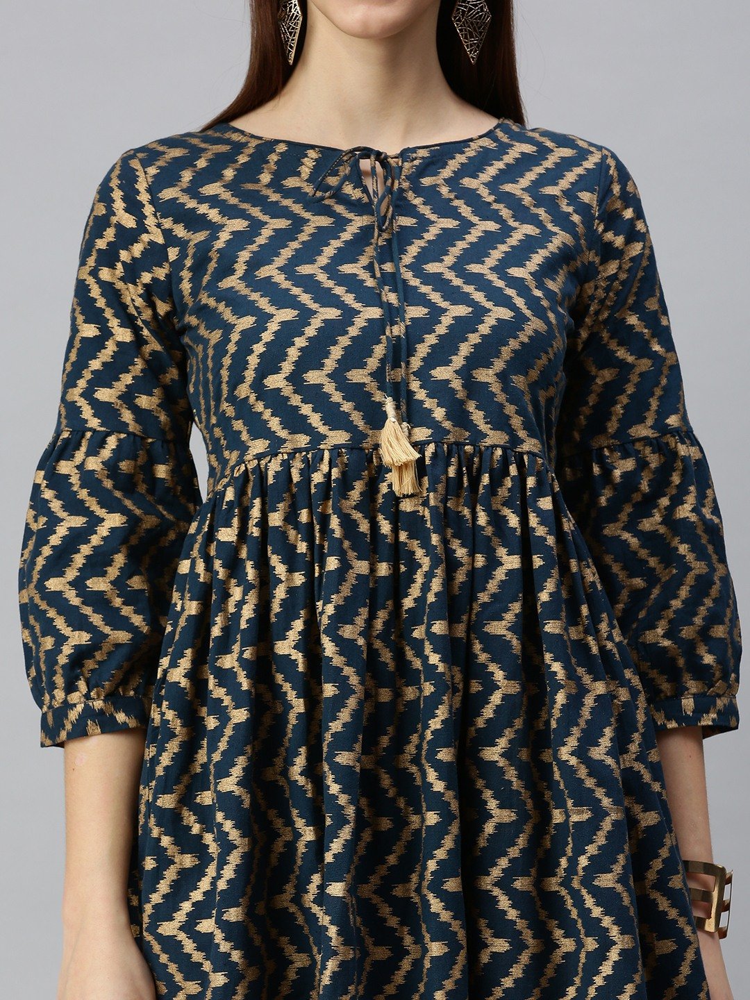 SHOWOFF Women Navy Blue Chevron Round Neck Three-Quarter Sleeves Mid Length Fit and Flare Kurta