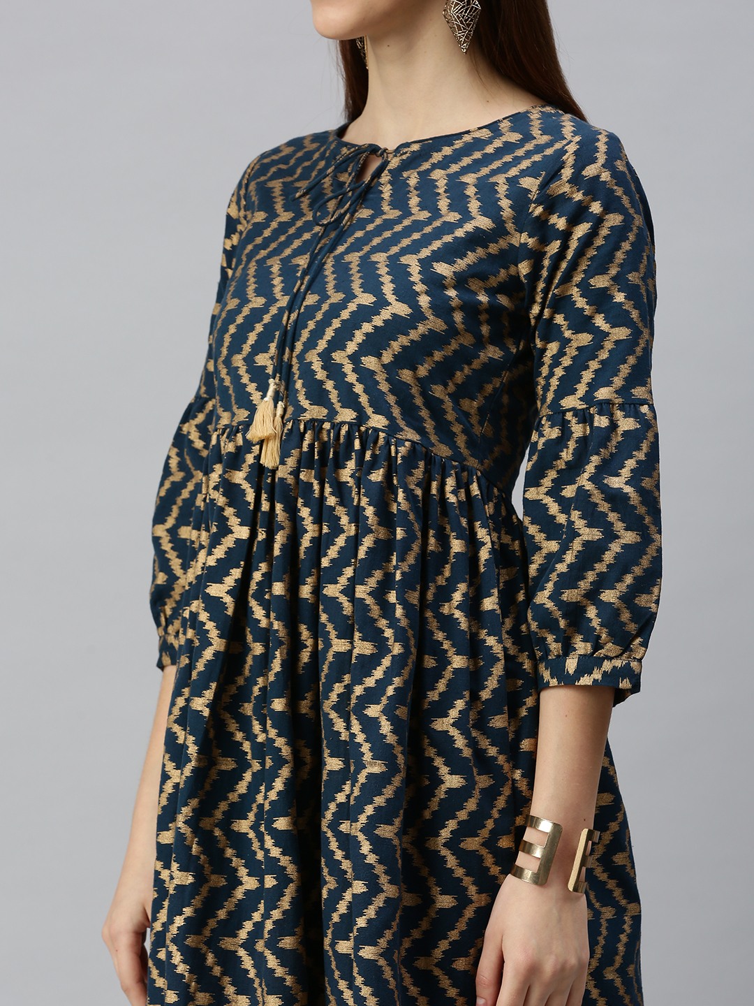 SHOWOFF Women Navy Blue Chevron Round Neck Three-Quarter Sleeves Mid Length Fit and Flare Kurta