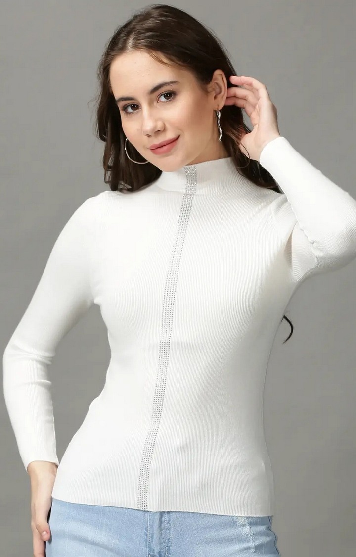 SHOWOFF Women White Embellished High Neck Full Sleeves Regular Fitted Top