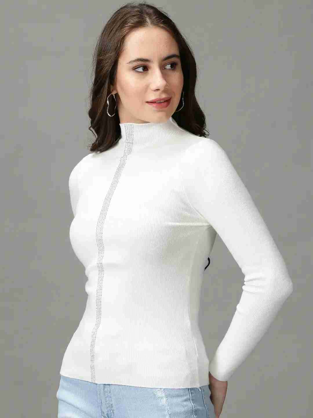 SHOWOFF Women White Embellished High Neck Full Sleeves Regular Fitted Top
