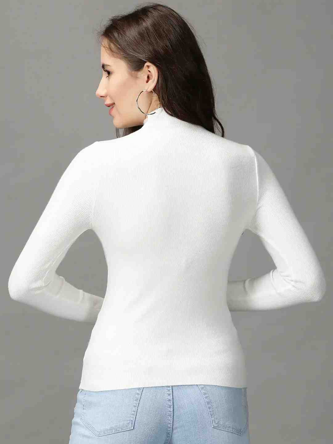 SHOWOFF Women White Embellished High Neck Full Sleeves Regular Fitted Top