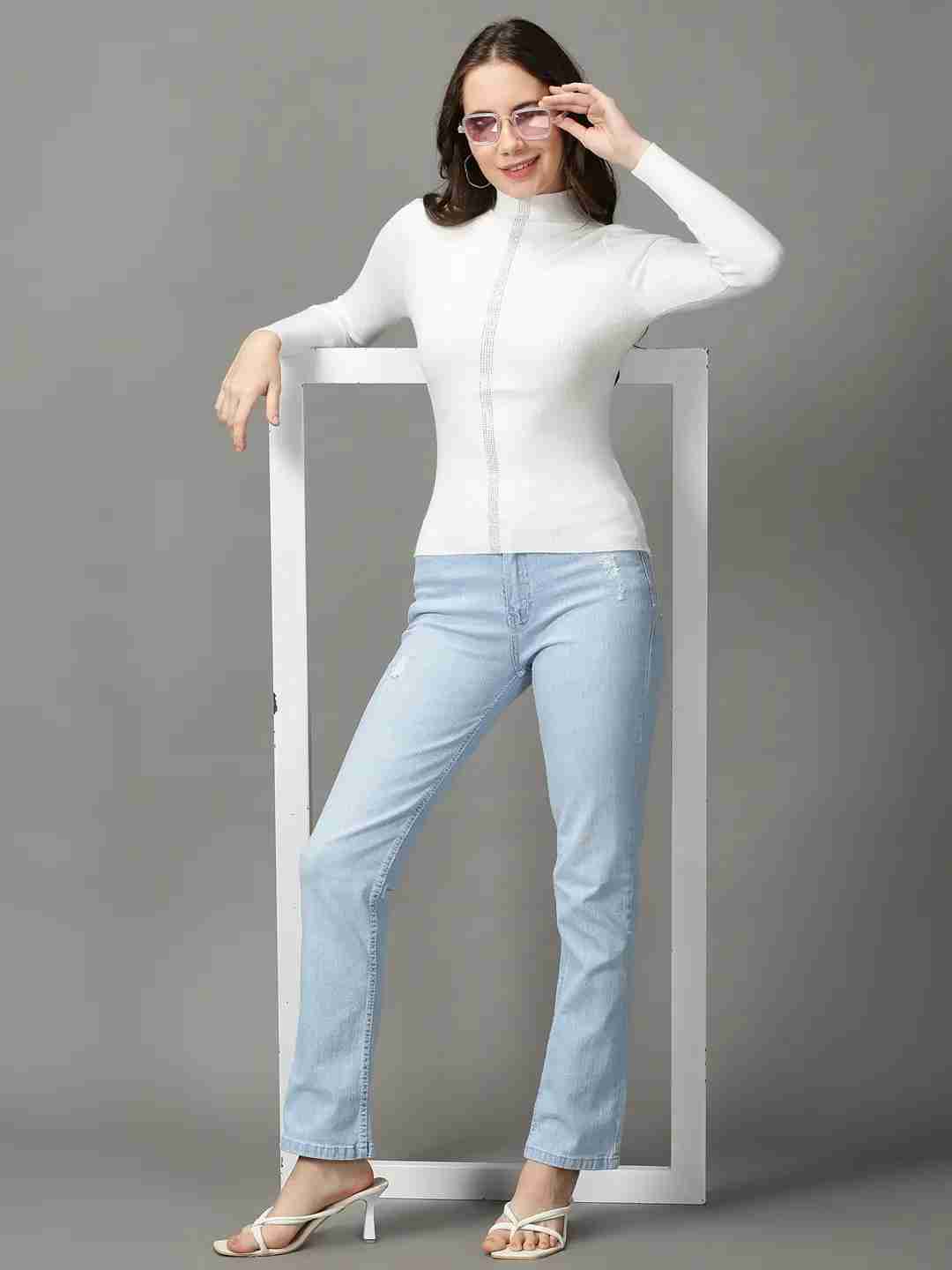 SHOWOFF Women White Embellished High Neck Full Sleeves Regular Fitted Top