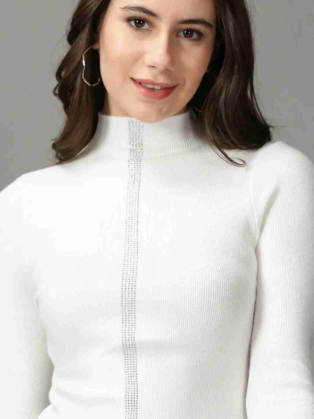 SHOWOFF Women White Embellished High Neck Full Sleeves Regular Fitted Top