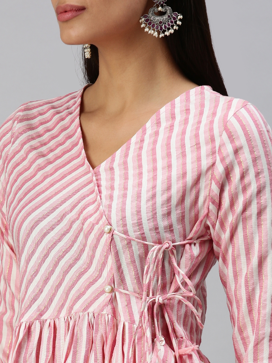 Showoff | SHOWOFF Women Pink Striped V Neck Three-Quarter Sleeves Mid Length Anarkali Kurta 5