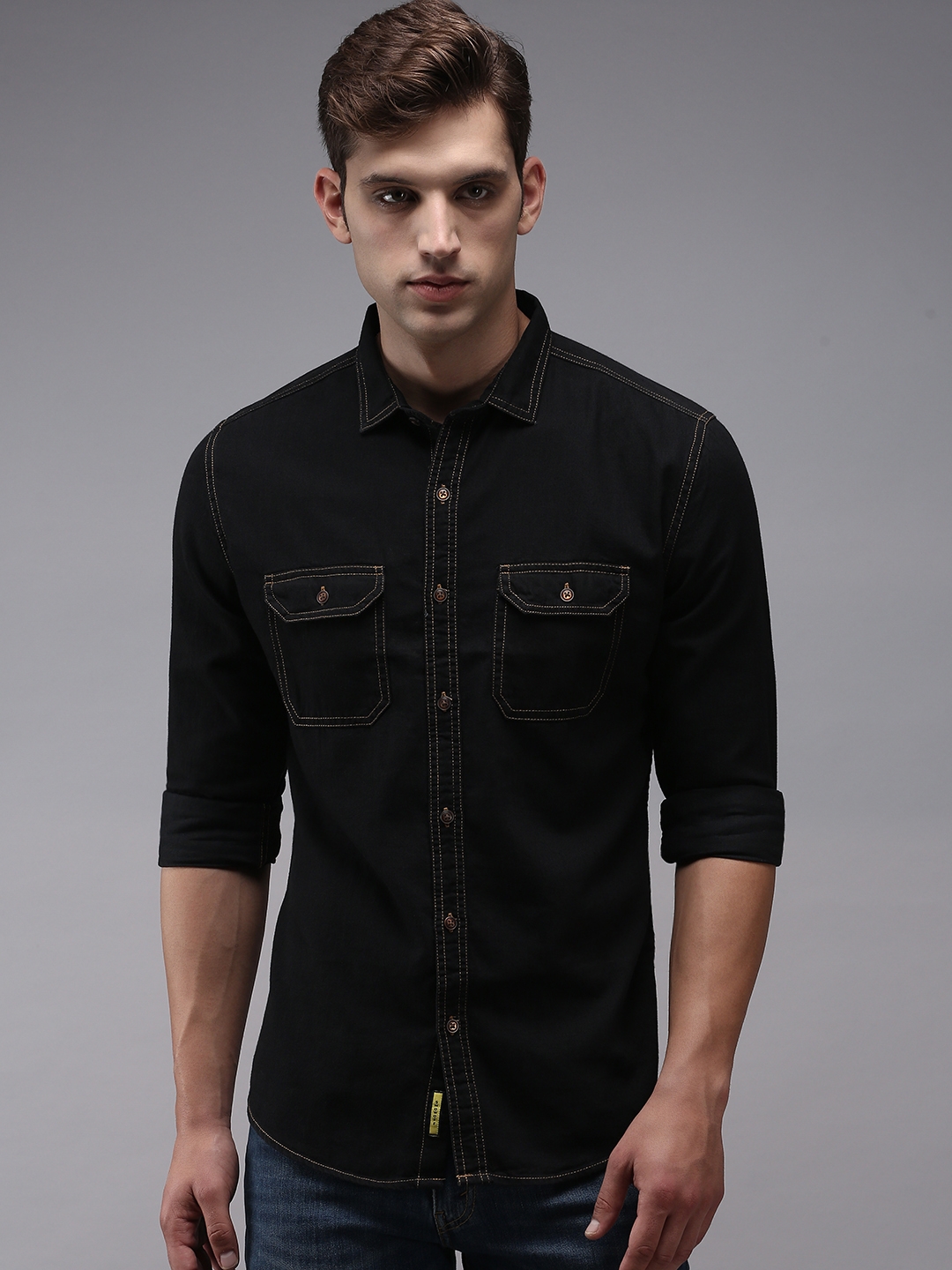 Showoff | SHOWOFF Men's Black Spread Collar Solid Classic Fit Shirt 1