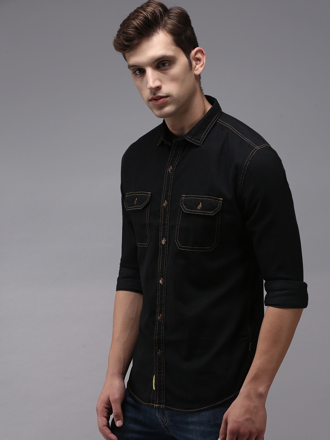 Showoff | SHOWOFF Men's Black Spread Collar Solid Classic Fit Shirt 2