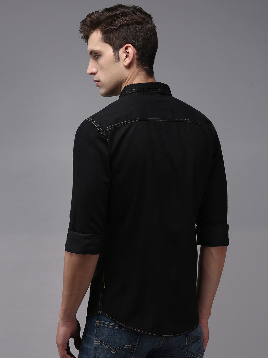 Showoff | SHOWOFF Men's Black Spread Collar Solid Classic Fit Shirt 3