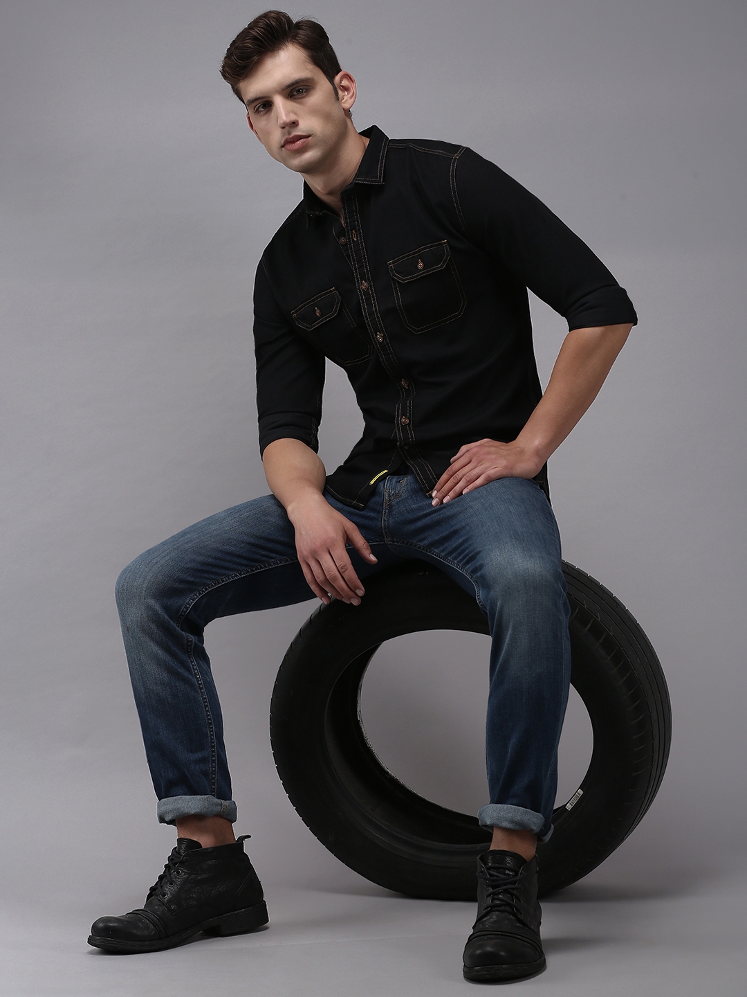 Showoff | SHOWOFF Men's Black Spread Collar Solid Classic Fit Shirt 4