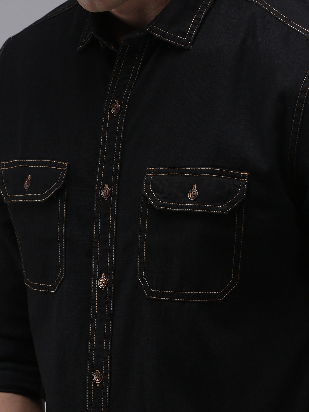 Showoff | SHOWOFF Men's Black Spread Collar Solid Classic Fit Shirt 5