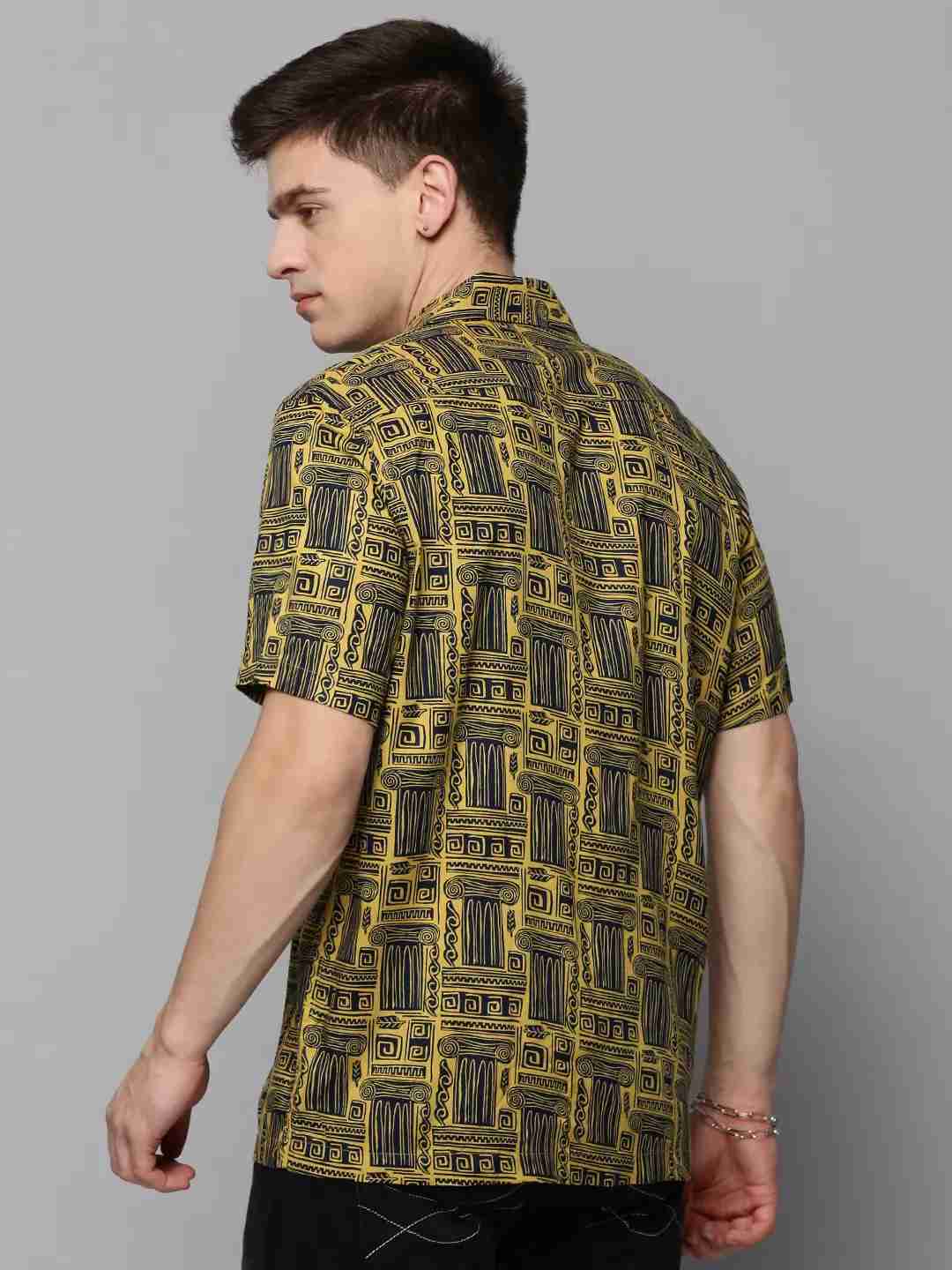 SHOWOFF Men Yellow Printed Cuban Collar Short Sleeves Casual Shirt